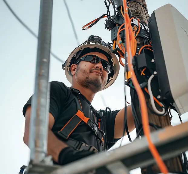 Técnico a instalar infraestrutura de telecomunicações